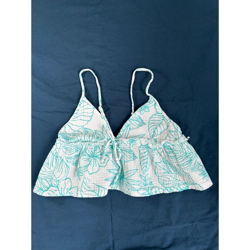 Ocean Drive Womens Small Teal White Tropical Floral Gauze Ruffle Crop Cami Top